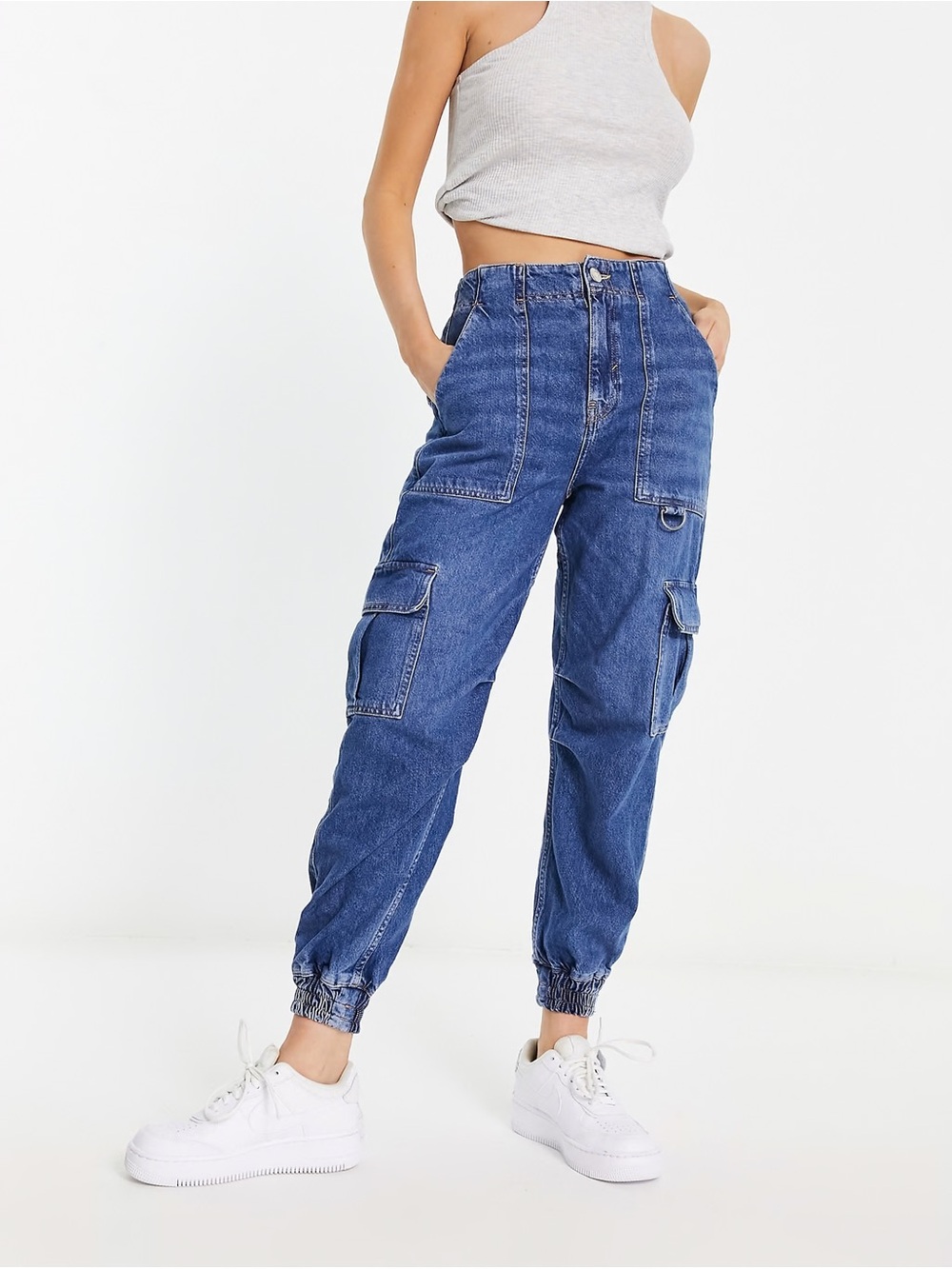 River Island High-Waist Blue Denim Cargo Jogger Jeans Size 10 NWT